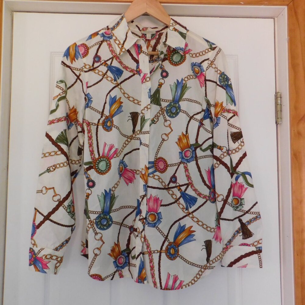 Talbots Button Down Shirt Women's Size Small Equestrian Chain‎ Ribbons Ivory